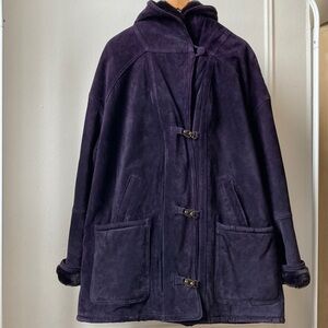 Gallery Dark Purple Suede Leather Hooded Coat Faux Fur Trim Sz 3X